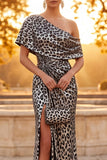 Silver Leopard Printed Sheath One Shoulder Ruched Long Formal Dress with Slit