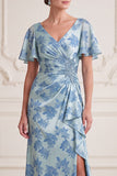 Grey Blue Sheath V-Neck Ruched Flutter Sleeves Maxi Mother of the Bride Dress with Side Slit