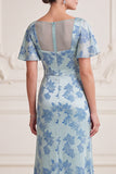 Grey Blue Sheath V-Neck Ruched Flutter Sleeves Maxi Mother of the Bride Dress with Side Slit