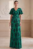 Dark Green A-Line V-Neck Jacquard Ruched Flutter Sleeves Maxi Mother of the Bride Dress
