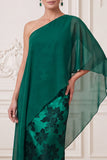 Dark Green Sheath One Shoulder Satin Printed Maxi Mother of the Bride Dress with Cape