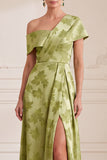 Green A-Line Asymmetrical One Shoulder Printed Maxi Mother of the Bride Dress with Side Slit
