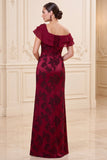 Burgundy Sheath Off the Shoulder 3D Flower Jacquard Long Mother of the Bride Dress with Slit