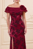 Burgundy Sheath Off the Shoulder 3D Flower Jacquard Long Mother of the Bride Dress with Slit