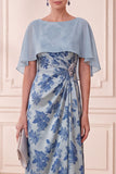 Grey Blue Sheath Boat Neck Printed Ruched Long Mother of the Bride Dress with Cape