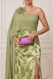 Green Sheath One Shoulder Chiffon Cape Draped Printed Maxi Mother of the Bride Dress with 3D Flower