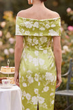 Green Off the Shoulder Satin Sheath Printed Midi Mother of the Bride Dress with Slit