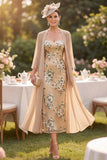 Champagne Sequins Embroidery Midi Mother of the Bride Dress with Chiffon Cover‑Up
