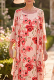 Red Flower Round Neck 3/4 Sleeves Midi Mother of the Bride Dress with Chiffon Cover‑Up