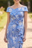 Off the Shoulder Blue Ruched Ruffled Sheath Midi Mother of the Bride Dress with Rhinestone Bow