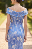 Off the Shoulder Blue Ruched Ruffled Sheath Midi Mother of the Bride Dress with Rhinestone Bow