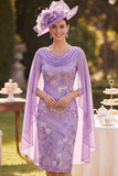 Purple Floral Embroidery Sheath Midi Mother of the Bride Dress with Chiffon Cape