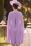Purple Floral Embroidery Sheath Midi Mother of the Bride Dress with Chiffon Cape