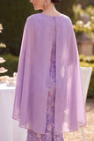 Purple Floral Embroidery Sheath Midi Mother of the Bride Dress with Chiffon Cape