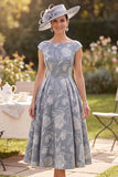 Grey Bateau Neck A-Line Ruched Floral Printed Cap Sleeves Mother of the Bride Dress