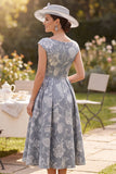 Grey Bateau Neck A-Line Ruched Floral Printed Cap Sleeves Mother of the Bride Dress