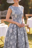 Grey Bateau Neck A-Line Ruched Floral Printed Cap Sleeves Mother of the Bride Dress