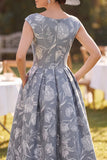 Grey Bateau Neck A-Line Ruched Floral Printed Cap Sleeves Mother of the Bride Dress