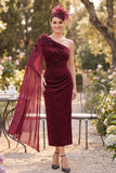 Burgundy One Shoulder Beaded Sheath Ruched Mother of the Bride Dress with Draping