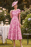 Pink Off the Shoulder A-Line Floral Printed Mother of the Bride Dress with Bow