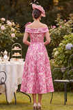 Pink Off the Shoulder A-Line Floral Printed Mother of the Bride Dress with Bow