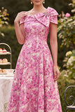 Pink Off the Shoulder A-Line Floral Printed Mother of the Bride Dress with Bow