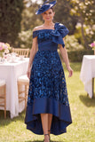 Off the Shoulder Navy High Low Lace Satin A-Line Mother of the Bride Dress with Large Bow