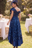 Off the Shoulder Navy High Low Lace Satin A-Line Mother of the Bride Dress with Large Bow
