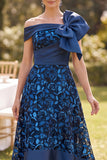 Off the Shoulder Navy High Low Lace Satin A-Line Mother of the Bride Dress with Large Bow