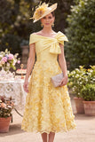 Asymmetrical Off the Shoulder Yellow Satin Pearls Embroidery A-Line Mother of the Bride Dress