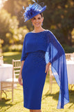 Royal Blue Bateau Neck Beaded Sheath Midi Mother of the Bride Dress with Chiffon Cape