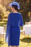 Royal Blue Bateau Neck Beaded Sheath Midi Mother of the Bride Dress with Chiffon Cape