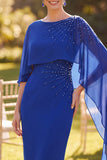 Royal Blue Bateau Neck Beaded Sheath Midi Mother of the Bride Dress with Chiffon Cape