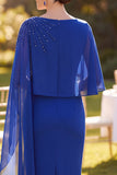 Royal Blue Bateau Neck Beaded Sheath Midi Mother of the Bride Dress with Chiffon Cape