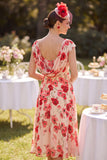 Red Bateau Neck Cap Sleeves A-Line Floral Printed Midi Mother of the Bride Dress