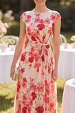 Red Bateau Neck Cap Sleeves A-Line Floral Printed Midi Mother of the Bride Dress