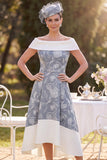 Grey White Off the Shoulder High Low A-Line Floral Printed Midi Mother of the Bride Dress