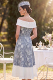 Grey White Off the Shoulder High Low A-Line Floral Printed Midi Mother of the Bride Dress