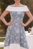 Grey White Off the Shoulder High Low A-Line Floral Printed Midi Mother of the Bride Dress