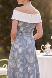Grey White Off the Shoulder High Low A-Line Floral Printed Midi Mother of the Bride Dress