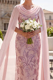 Pink Sequins Sheath Cowl Neck Midi Mother of the Bride Dress with Chiffon Cape