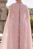 Pink Sequins Sheath Cowl Neck Midi Mother of the Bride Dress with Chiffon Cape