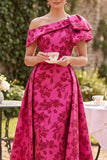 Asymmetrical One Shoulder Fuchsia Ruched A-Line Printed Mother of the Bride Dress