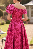 Asymmetrical One Shoulder Fuchsia Ruched A-Line Printed Mother of the Bride Dress