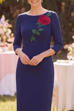 Navy Bateau Neck Sheath 3/4 Sleeves Appliques Midi Mother of the Bride Dress