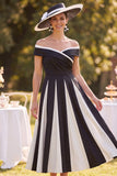 Off the Shoulder Black White Ruched A-Line Midi Mother of the Bride Dress