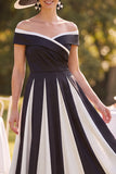Off the Shoulder Black White Ruched A-Line Midi Mother of the Bride Dress
