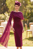 Burgundy Sheath Beaded 3D Appliques Midi Mother of the Bride Dress with Draping