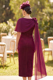 Burgundy Sheath Beaded 3D Appliques Midi Mother of the Bride Dress with Draping