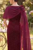 Burgundy Sheath Beaded 3D Appliques Midi Mother of the Bride Dress with Draping